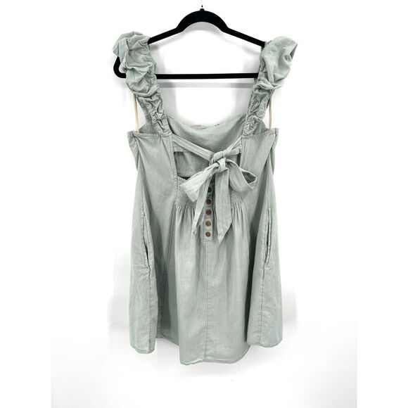 FREE PEOPLE Light Green Bom Bom Island Ruched Linen Cotton Boho Mini Dress Large - Picture 5 of 10